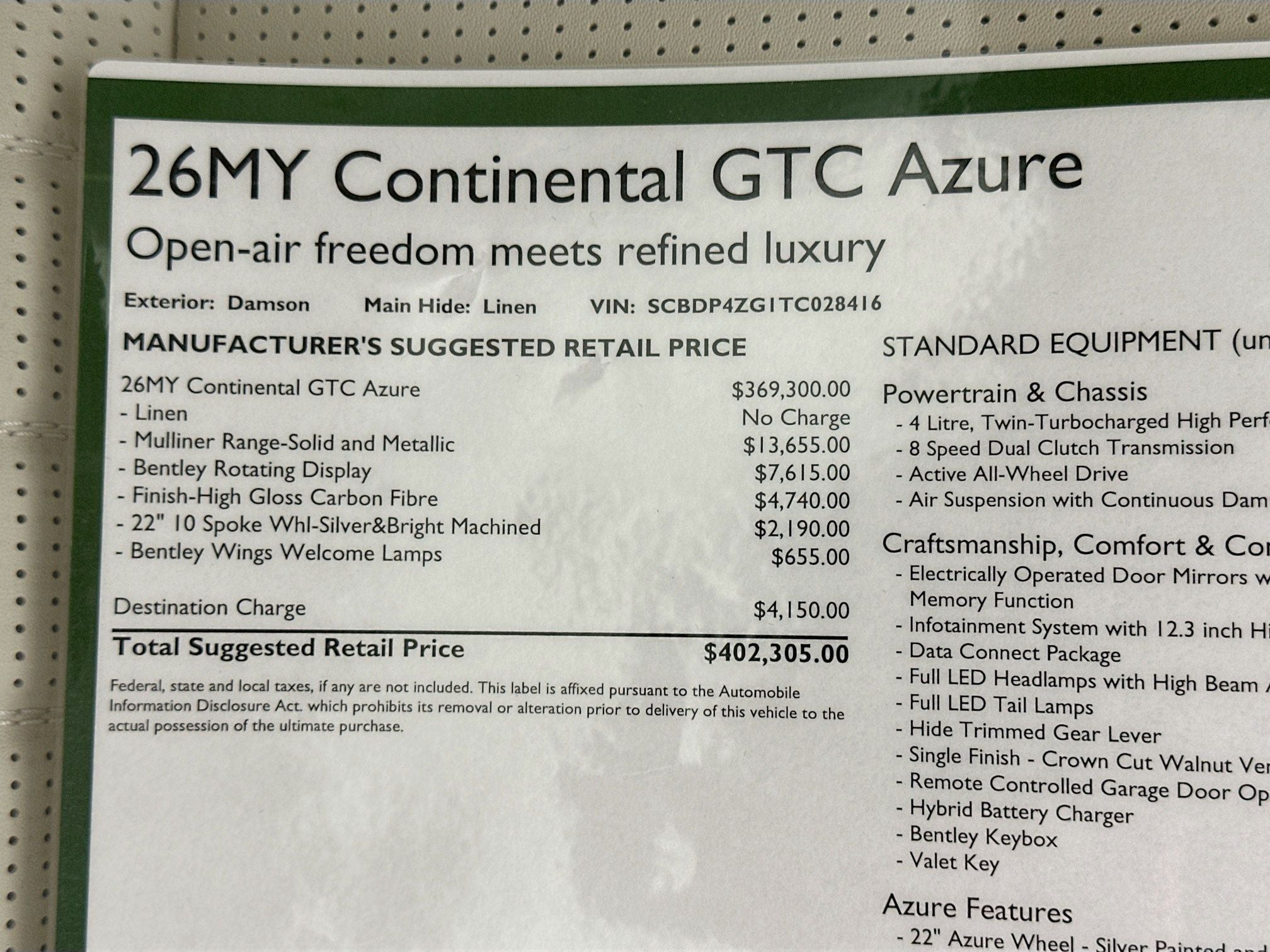 2026 Bentley Continental GTC Azure