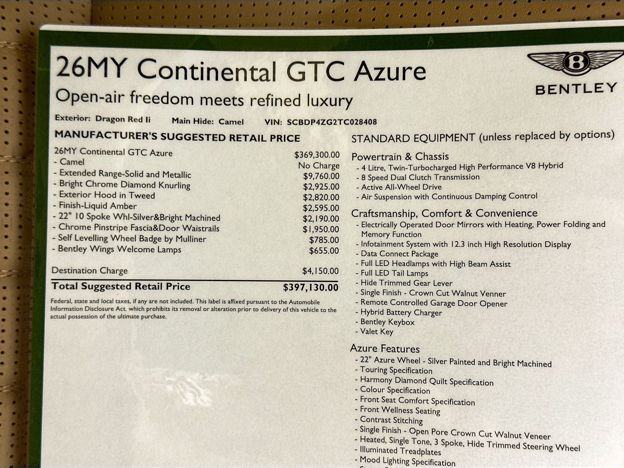 2026 Bentley Continental GTC Azure