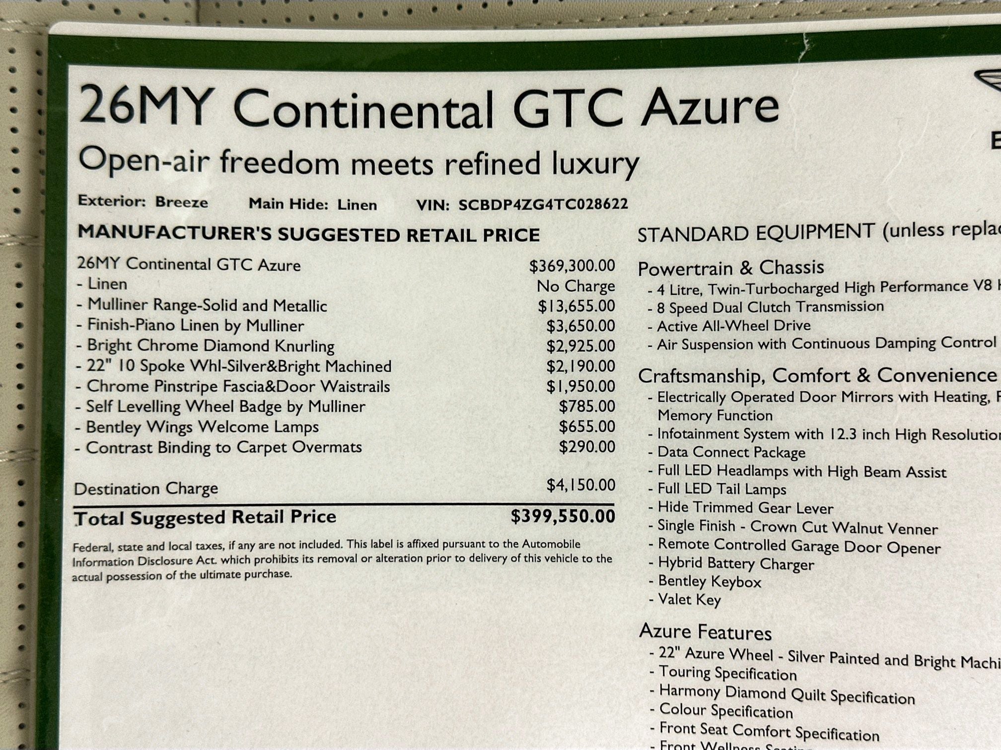 2026 Bentley Continental GTC Azure
