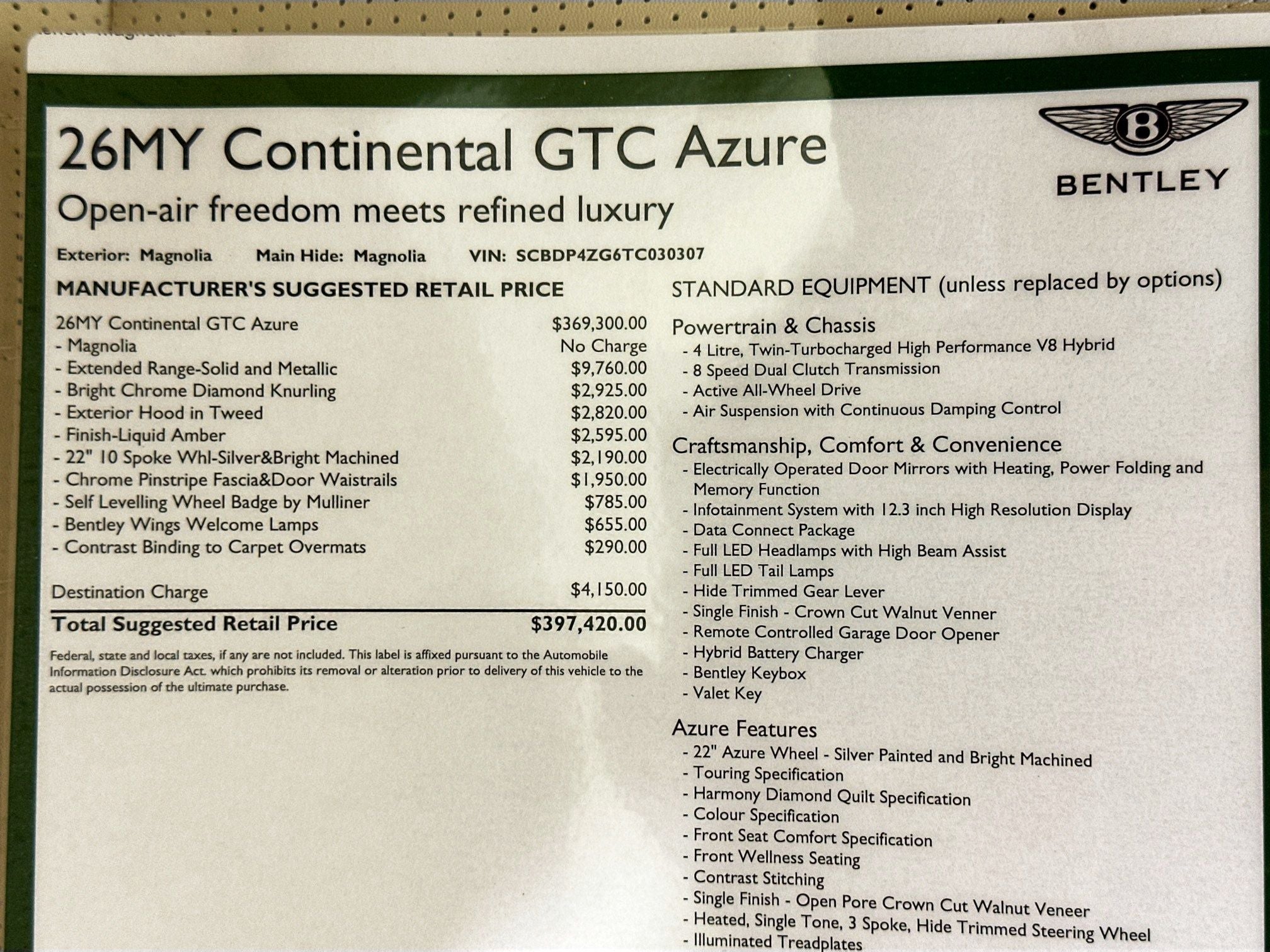 2026 Bentley Continental GTC Azure