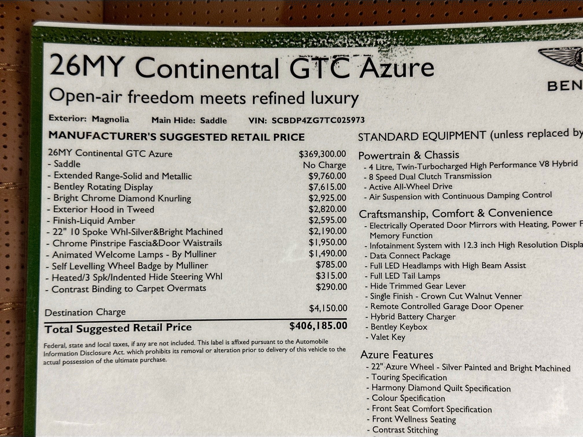 2026 Bentley Continental GTC Azure
