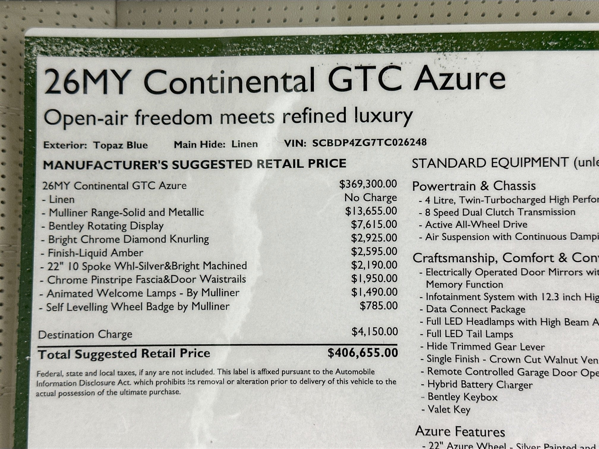 2026 Bentley Continental GTC Azure