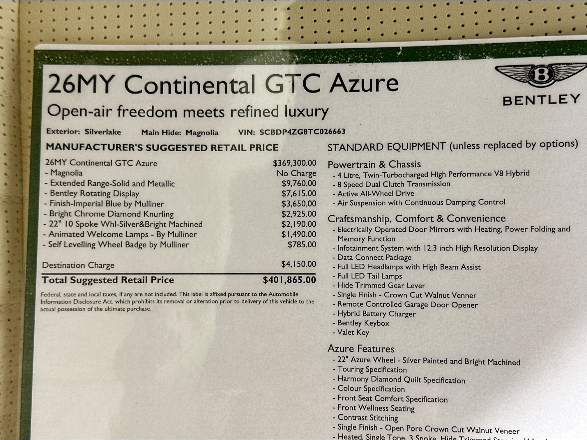 2026 Bentley Continental GTC Azure