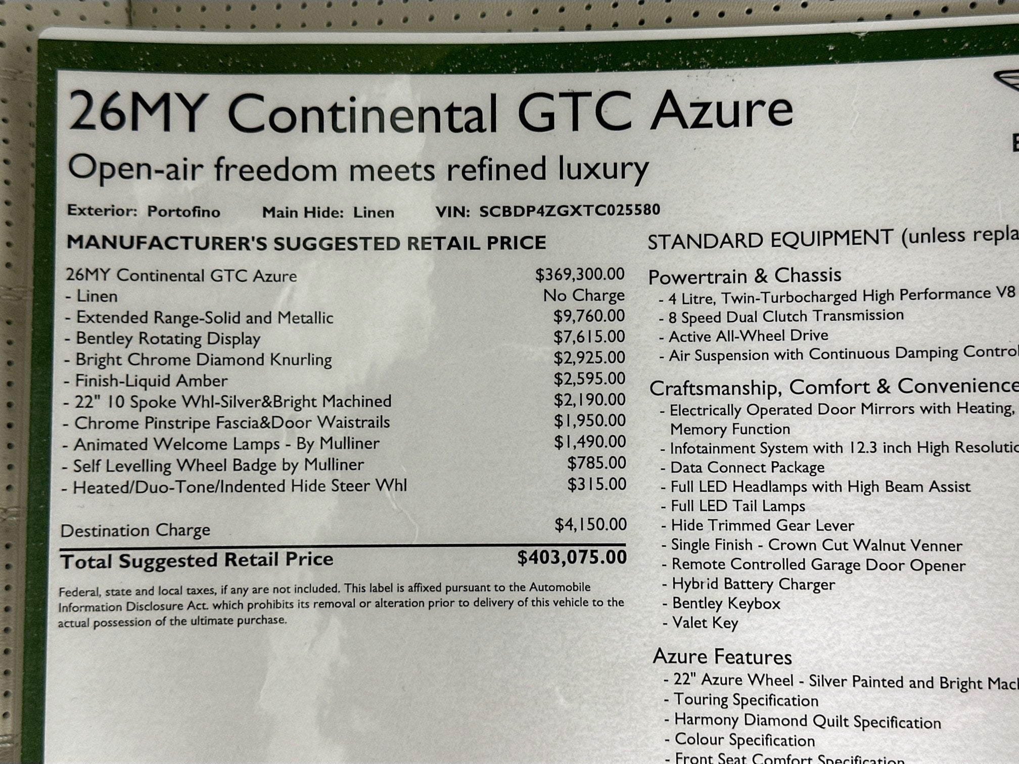 2026 Bentley Continental GTC Azure