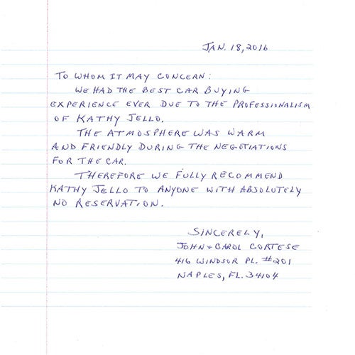 John & Carol Cortese Thank You note